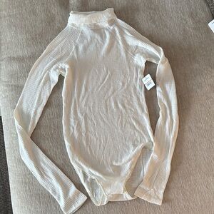 Free People White Ivory Ribbed Turtleneck Bodysuit